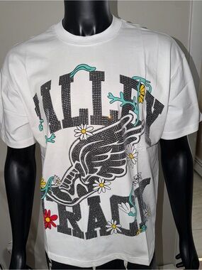 White Graphic Short-Sleeve Tee with Wing & Floral Motif